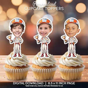 Race Car Driver Face Cupcake Toppers | Personalized Party Decor | Custom Cake Decorations | Digital Download File | Trophy Race Car Birthday