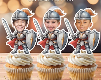May include: Three printable cupcake toppers featuring cartoon knights with shields and swords. Each knight has a blank space for a photo to be inserted. The toppers are designed for a digital download and are 8.5 x 11 inches.