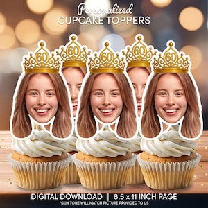 60 Jahre altes Gesicht Cupcake Toppers | Personalisierte Party Dekor | Benutzerdefinierte Kuchendekorationen | Digital Download Datei | Frau Mädchen Geburtstagsparty