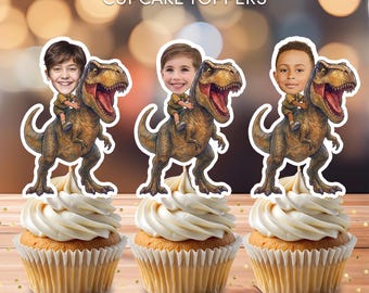 Adornos para cupcakes de cumpleaños con forma de dinosaurio T-Rex con cara / Decoración personalizada para fiestas con diseño de tiranosaurio (adornos físicos)