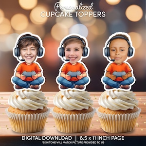 Video Game Gamer Face Cupcake Toppers | Personalized Party Decor | Custom Cake Decorations | Digital Download File | Gamer Birthday Party