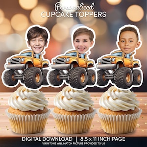 Monster Truck Face Cupcake Toppers | Personalized Party Decor | Custom Cake Decorations | Digital Download File | Yellow Monster Truck