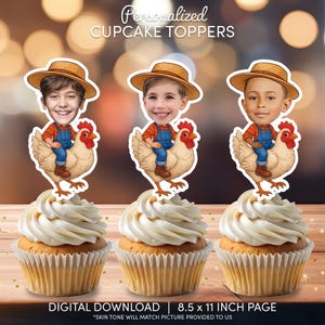 Farmer Face Cupcake Toppers | Personalized Party Decor | Custom Cake Decorations | Digital Download File | Farmer Birthday Party Chicken