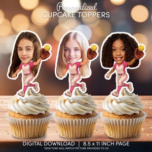 May include: Three cupcakes topped with personalized softball player toppers. The toppers feature cartoon illustrations of girls in softball uniforms, holding gloves and balls. The text "Personalized CUPCAKE TOPPERS" is at the top. The page size is 8.5 x 11 inches.