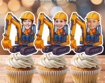 May include: Cupcakes with white frosting and construction-themed toppers. The toppers feature images of children in yellow construction hats and orange vests operating yellow and blue excavators. Text on the image reads "Personalized CUPCAKE TOPPERS".