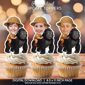 Safari Gorilla Face Cupcake Toppers | Personalized Party Decor | Custom Cake Decorations | Digital Download File | Silverback Gorilla Party