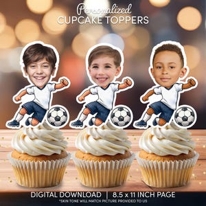 May include: Three printable cupcake toppers featuring cartoon football players with personalised photos. Each topper has a white jersey, blue shorts, and a football. The text "Personalized Cupcake Toppers" and "Digital Download | 8.5 x 11 inch page" is included.