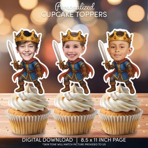 May include: Three cupcakes topped with personalized king-themed cupcake toppers. Each topper features a child's face in a cartoon knight costume, holding a sword. The text "Personalized CUPCAKE TOPPERS" is at the top. The page size is 8.5 x 11 inches.