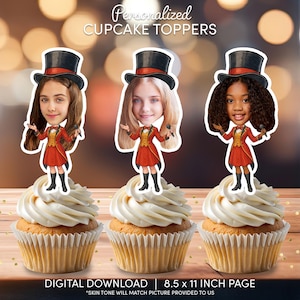Cupcaketoppers met circusdirecteur gezicht | Gepersonaliseerde feestdecoratie | Taartdecoraties op maat | Digitaal downloadbestand | Verjaardagsfeestje showman