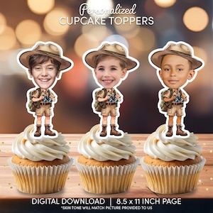 Safari Explorer-cupcaketoppers voor gezicht | Gepersonaliseerde feestdecoratie | Taartdecoraties op maat | Digitaal downloadbestand | Verjaardag Safari Explorer