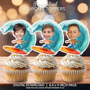 Surfer on Surf Board Face Cupcake Toppers | Personalized Party Decor | Custom Cake Decorations | Digital Download File | Beach Birthday