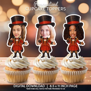 Cupcaketoppers met circusdirecteur gezicht | Gepersonaliseerde feestdecoratie | Taartdecoraties op maat | Digitaal downloadbestand | Verjaardagsfeestje showman
