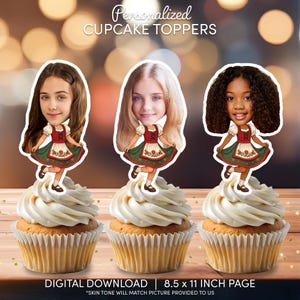 May include: Three cupcakes topped with personalized cupcake toppers featuring children's faces in traditional German outfits. The toppers are on a white background with the text "Personalized CUPCAKE TOPPERS" and "DIGITAL DOWNLOAD | 8.5 x 11 INCH PAGE".