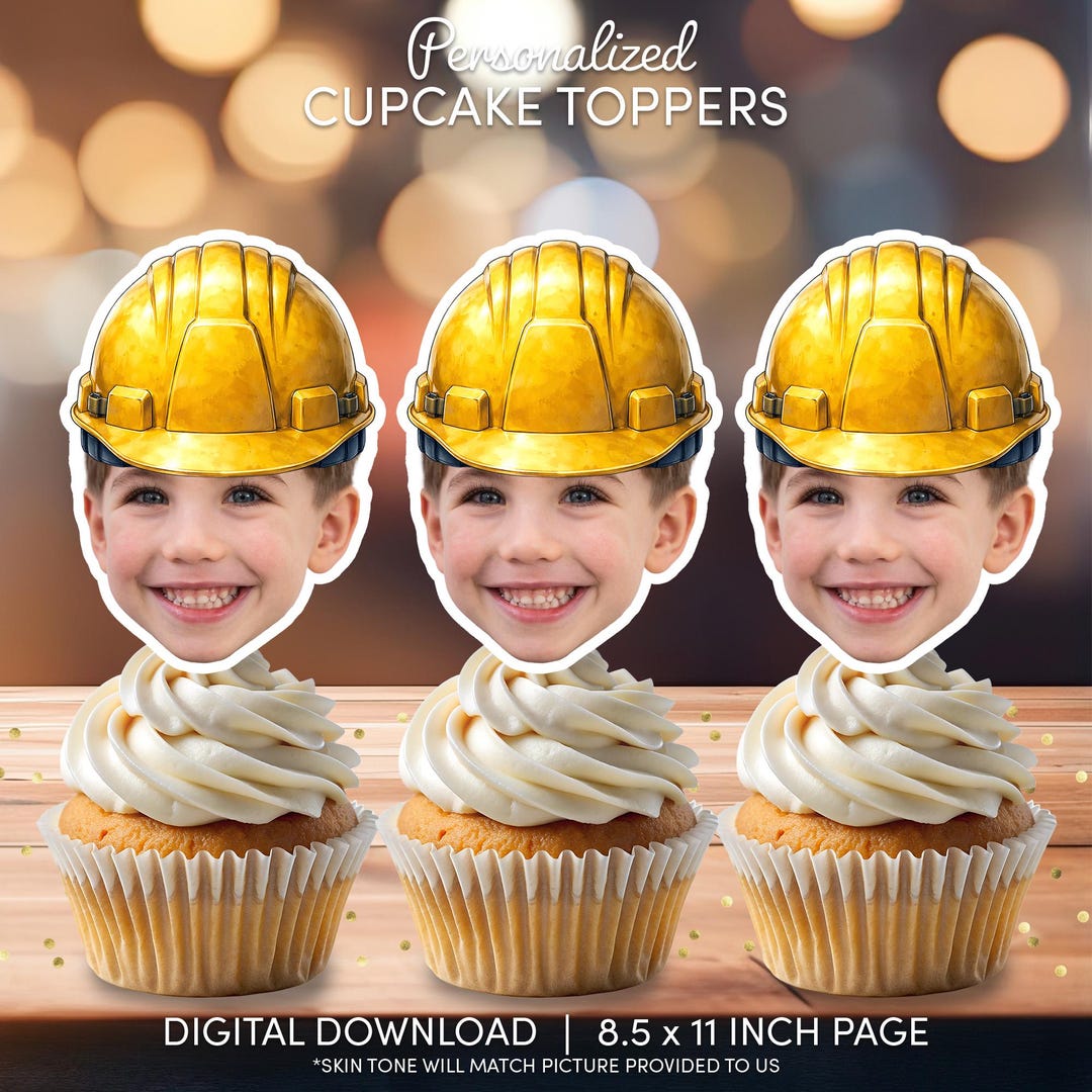 Personalized Construction Hat Cupcake Toppers | Face Party Decor ...