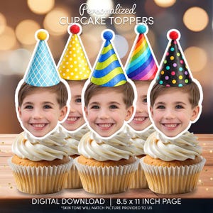 May include: Cupcakes topped with smiling faces wearing colorful party hats. The hats have various patterns, including polka dots, stripes, and a diamond pattern. The text "Personalized CUPCAKE TOPPERS" is at the top. The image also includes the text "DIGITAL DOWNLOAD | 8.5 x 11 INCH PAGE".
