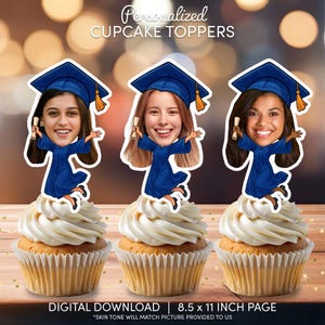 Adornos para cupcakes con cara de graduado/Decoración personalizada para fiestas/Decoraciones para pasteles personalizadas/Archivo de descarga digital/Clase de graduados de 2025
