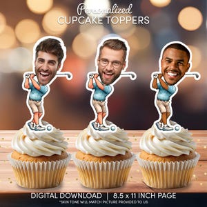 ゴルファーのゴルフフェイスカップケーキトッパー | パーソナライズされたパーティーデコレーション | カスタムケーキデコレーション | デジタルダウンロードファイル | ゴルフ誕生日