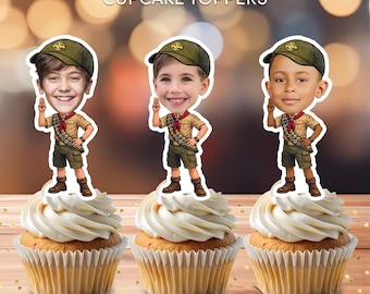 Adornos personalizados para cupcakes con caras de Boy Scouts para fiestas de cumpleaños de Camp Scouts (descarga digital)