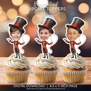 Cupcaketoppers met circusdirecteur gezicht | Gepersonaliseerde feestdecoratie | Taartdecoraties op maat | Digitaal downloadbestand | Circusverjaardagsfeestje