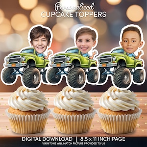 Monster Truck Face Cupcake Toppers | Personalized Party Decor | Custom Cake Decorations | Digital Download File | Green Monster Truck