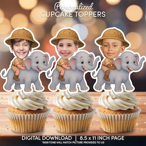 Safari Elephant Face Cupcake Toppers | Personalized Party Decor | Custom Cake Decorations | Digital Download File | Safari Elephant Birthday