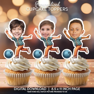 Bowling Face Cupcake Toppers | Personalized Party Decor | Custom Cake Decorations | Digital Download File | Bowler Bowling Birthday Party