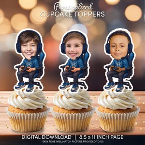 Video Game Gamer Face Cupcake Toppers | Personalized Party Decor | Custom Cake Decorations | Digital Download File | Gamer Birthday Party