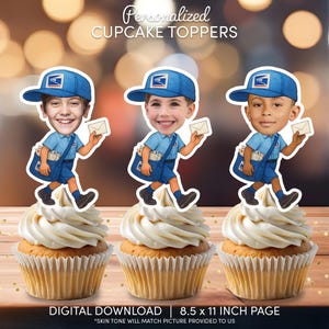 May include: Three cupcakes with personalized cupcake toppers of cartoon mail carriers in blue uniforms and hats, carrying mailbags and letters. The text "Personalized CUPCAKE TOPPERS" is at the top. The page size is 21.6 x 27.9 cm.