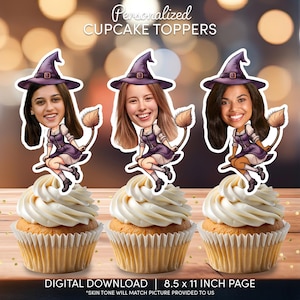 Topper per cupcake a forma di faccia di strega / Decorazioni per feste personalizzate / Decorazioni per torte personalizzate / File di download digitale / Scopa per festa di compleanno di strega