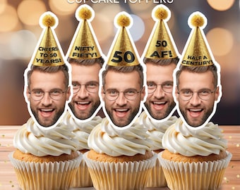 Personalized Face 50th Birthday Cupcake Toppers (Digital Download)