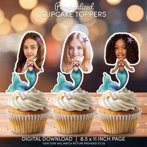 Personliga sjöjungfruansikte-muffinsdekorationer | Födelsedagsfest (digital nedladdning)