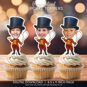 Cupcaketoppers met circusdirecteur gezicht | Gepersonaliseerde feestdecoratie | Taartdecoraties op maat | Digitaal downloadbestand | Verjaardagsfeestje showman