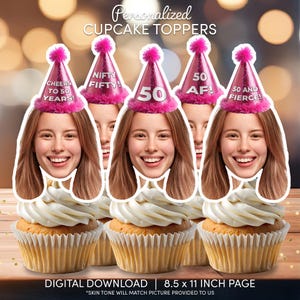 50 Year Old Face Cupcake Toppers | Personalized Party Decor | Custom Cake Decorations | Digital Download File | Woman Girls Birthday Party