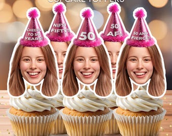 Personalized Face 50th Birthday Cupcake Toppers (Digital Download)
