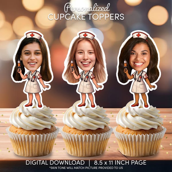 Toppers de cupcake personalizados com rostinho de enfermeira | Decoração de festa personalizada (Download digital)