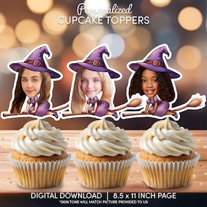 Topper per cupcake a forma di faccia di strega / Decorazioni per feste personalizzate / Decorazioni per torte personalizzate / File di download digitale / Scopa per festa di compleanno di strega