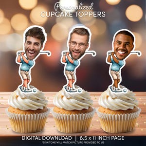 Golfer Golfing Face Cupcake Toppers | Personalized Party Decor | Custom Cake Decorations | Digital Download File | Golfing Birthday