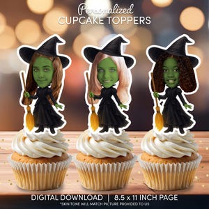 Witch Face Cupcake Toppers | Personalized Party Decor | Custom Cake Decorations | Digital Download File | Witch Birthday Party Broomstick