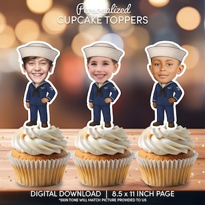 May include: Three personalised cupcake toppers featuring cartoon-style illustrations of children wearing navy blue sailor uniforms and white hats. The text reads Personalised CUPCAKE TOPPERS and DIGITAL DOWNLOAD 8.5 x 11 INCH PAGE.
