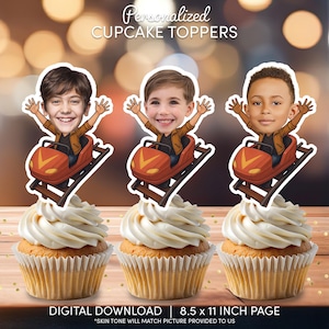 May include: Three cupcakes topped with personalized cupcake toppers. Each topper features a child's face in a roller coaster car. The text "Personalized CUPCAKE TOPPERS" is at the top. The bottom text reads "DIGITAL DOWNLOAD | 8.5 x 11 INCH PAGE".