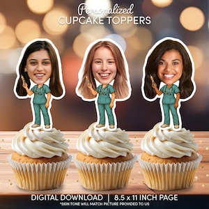 Toppery na babeczki z twarzą pielęgniarki | Spersonalizowane dekoracje na imprezę | Niestandardowe dekoracje na tort | Plik do pobrania cyfrowego | Pielęgniarskie stroje na przyjęcie urodzinowe