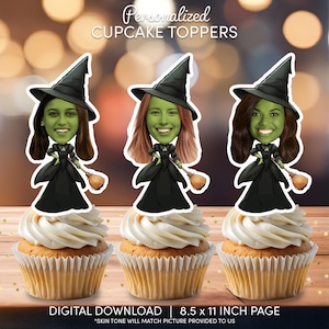 Witch Face Cupcake Toppers | Personalized Party Decor | Custom Cake Decorations | Digital Download File | Witch Birthday Broomstick West
