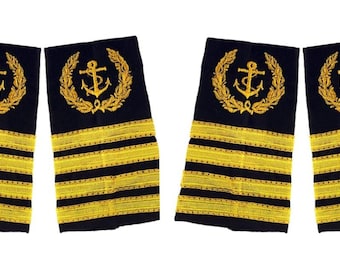 Merchant Navy Captain Rank | 2 Pair Hard Epaulettes | Uniform Accessory Washable 4 Strip Gold Shoulder Epaulette