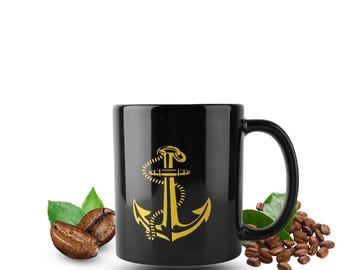 Merchant Navy Anchor Coffee Mug: Nautical Ceramic Cup, 350ml
