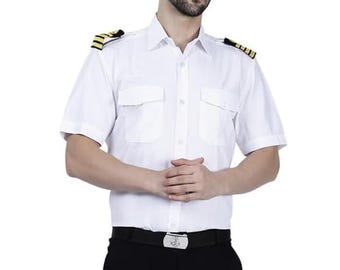 Camicia bianca da uomo MarinersApp a maniche corte in cotone, camicia formale da uomo, abbigliamento da lavoro, uniforme della marina mercantile con spallina