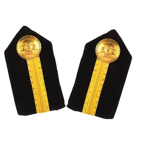 May include: A pair of black shoulder boards featuring a vertical gold braid stripe running down the center. Each board is topped with a circular gold button embossed with a detailed emblem, featuring a pointed top edge and a rectangular base.