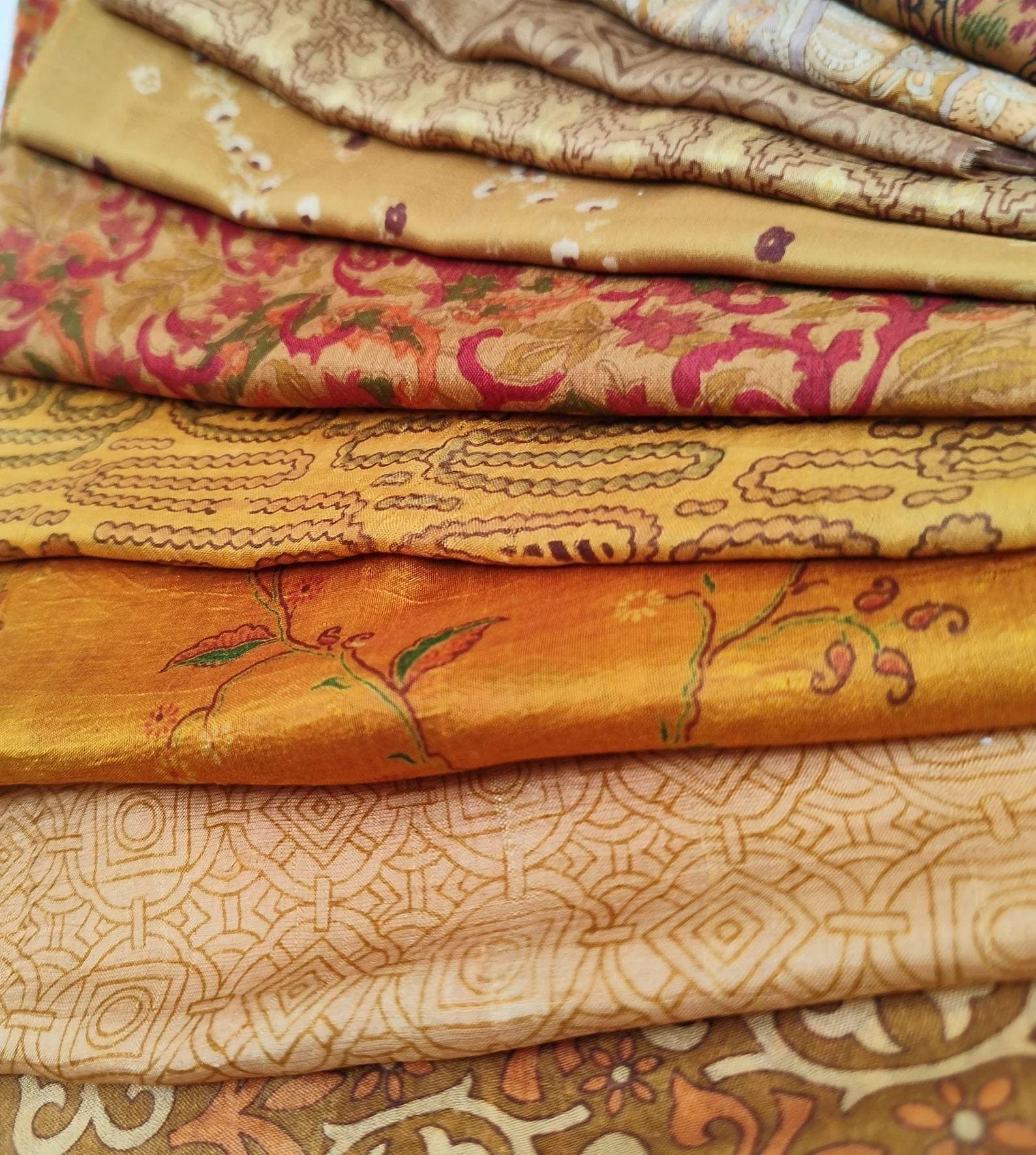 Silk Sari Fabric Scraps, Gold and Copper Shades, Recycled Saree Fat Quarter & Smaller Cuts, Nuno Felting, Quilting, Embellishments