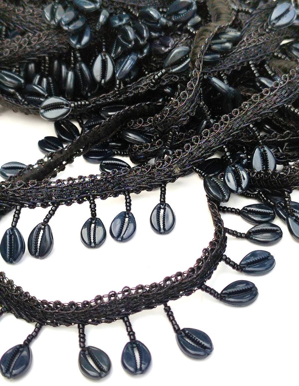 Black Cowrie Shell Trim, Shell Trim Lace, Sea Shell, 1 yd, Beach decor, Bikini Trim, Scarf Lace, Belly Dance, Cowry Shell