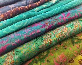 Blue and Green, Silk Sari Fabric Fat Quarter and Smaller Cuts, Saree for Embellishment, Nuno Felting, Quilting, Gift Wrapping, Junk Journals