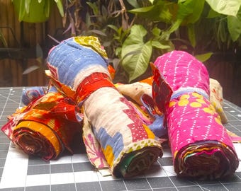 Cotton Kantha Scrap Bundles, Sustainable Zero Waste Packs, Indian Sari Fabric Quilting Squares, 10pc Sets, Recycled Textile, Kantha Remnants